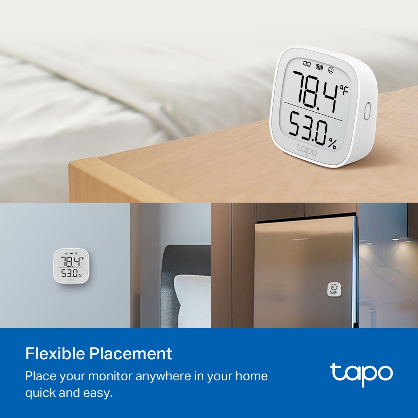 Tapo Smart Temperature and Humidity Monitor, 2.7" E-Ink Display, Swiss-Made Sensor, Real-Time Notification, Visual Graphics, Hub Required, White (T315)