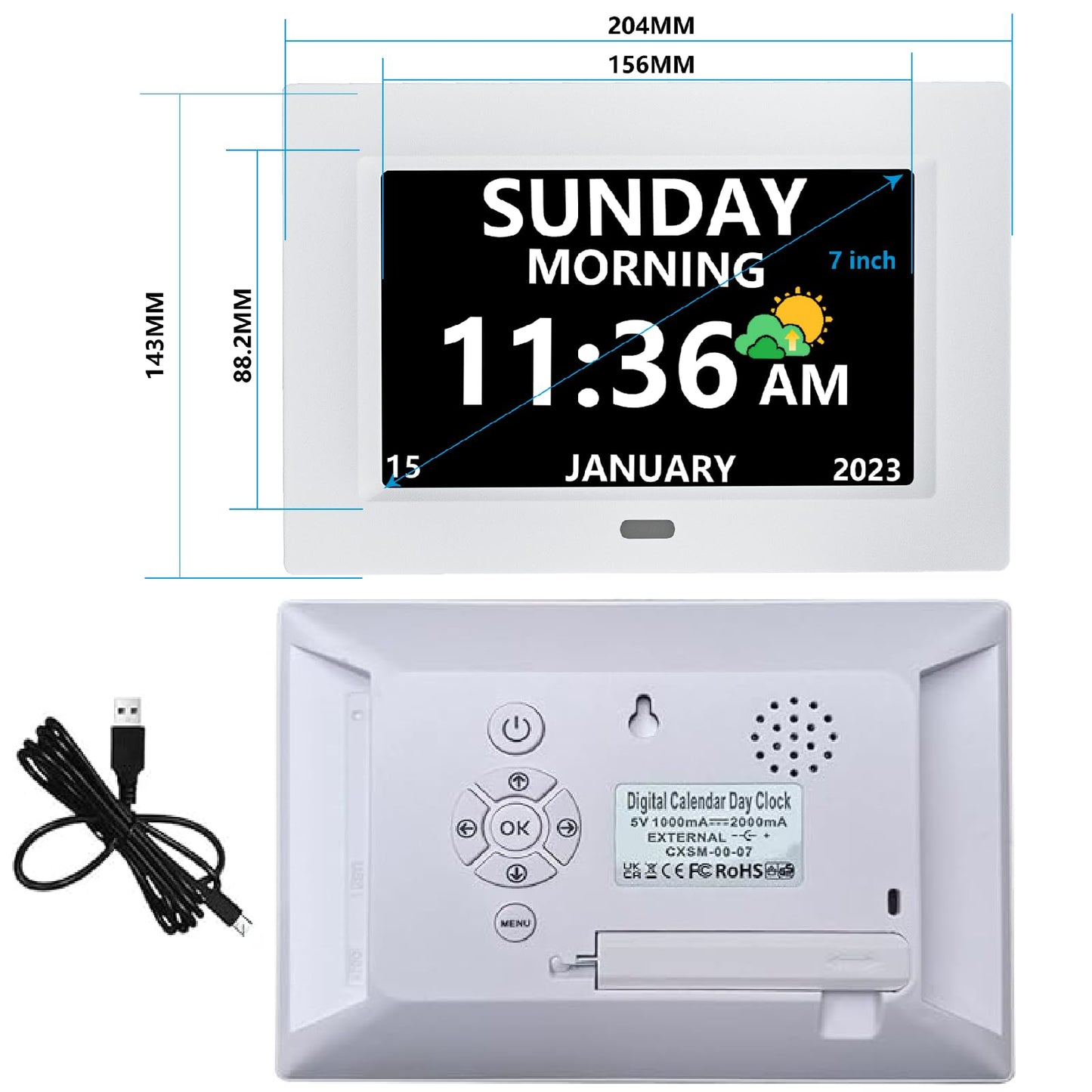 LXBYJKJ 7 Inch Digital Clock with Day and Date for Elderly Alzheimer's Clock Customizable Alarms 3 Display Modes Large Font Alarm Clock for Seniors Auto DST White