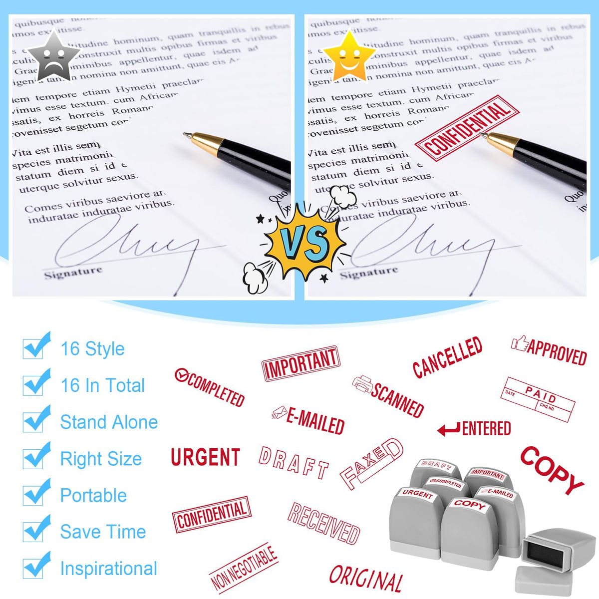 Crtiin 16 Pcs Office Stamp Set Message Self Inking Rubber Stamp Set for Office Stamps Completed Faxed Scanned Stamps for Message Supplies(Red, Grey)