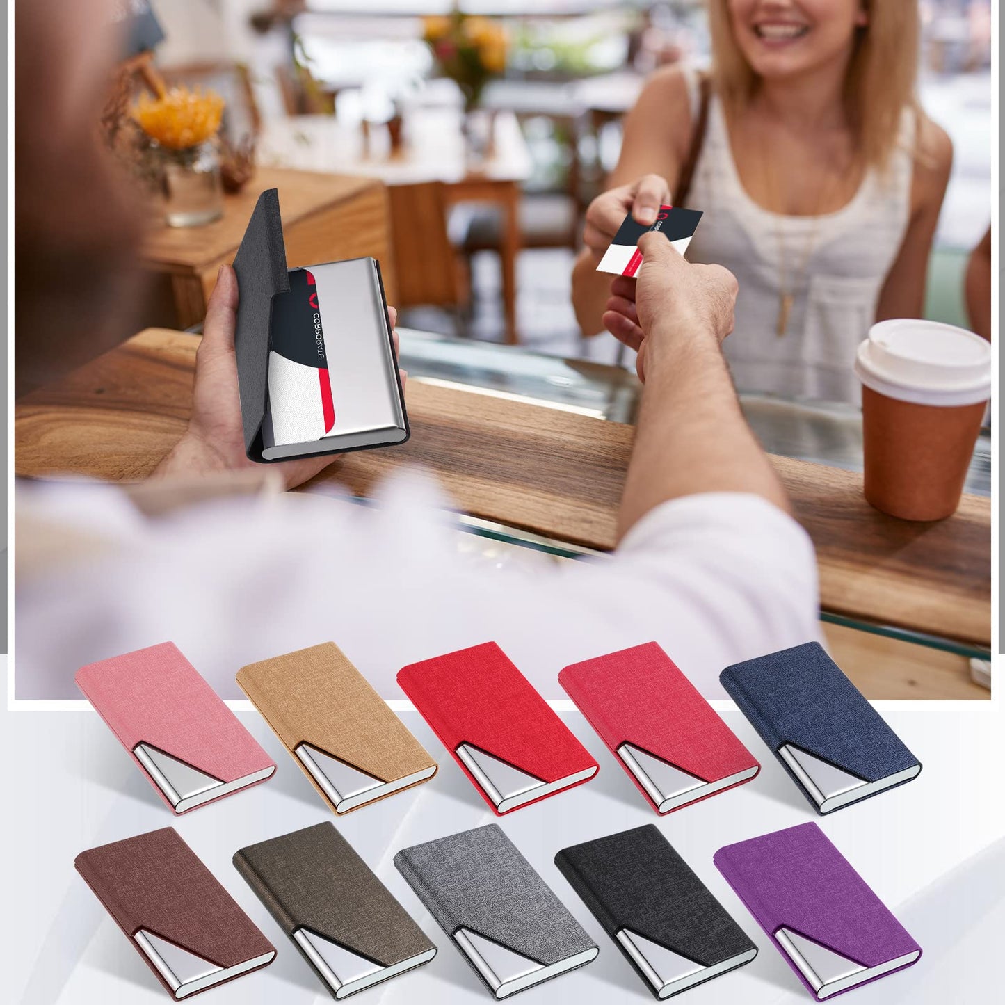 Yexiya 10 Pcs Business Card Holder Case Professional PU Leather & Stainless Steel Pocket Card, Metal Slim Credit Wallet with Magnetic Closure for Men Women Office Gifts, Multicolor