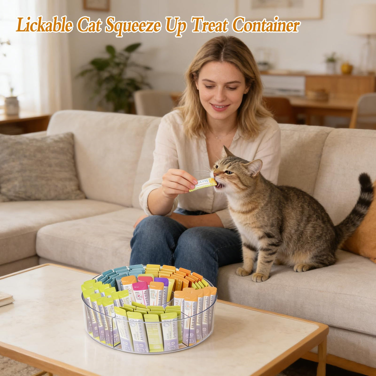 HFYZZ Rotating Lickable Cat Treats Organizer with 6 Compartments, Clear Lazy Susan Acrylic Squeeze Up Cat Food Storage Container Divided Pet Treats Box for Kitchen Cabinet Pantry Shelf Countertop