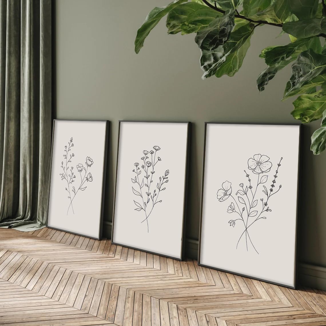 3Pcs Flower Line Canvas Wall Art Neutral Botanical Black and White Flower Painting Picture Wall Decor Minimalist Plant Poster Print Artwork for Living Room Bedroom Office Home Decoration Unframed