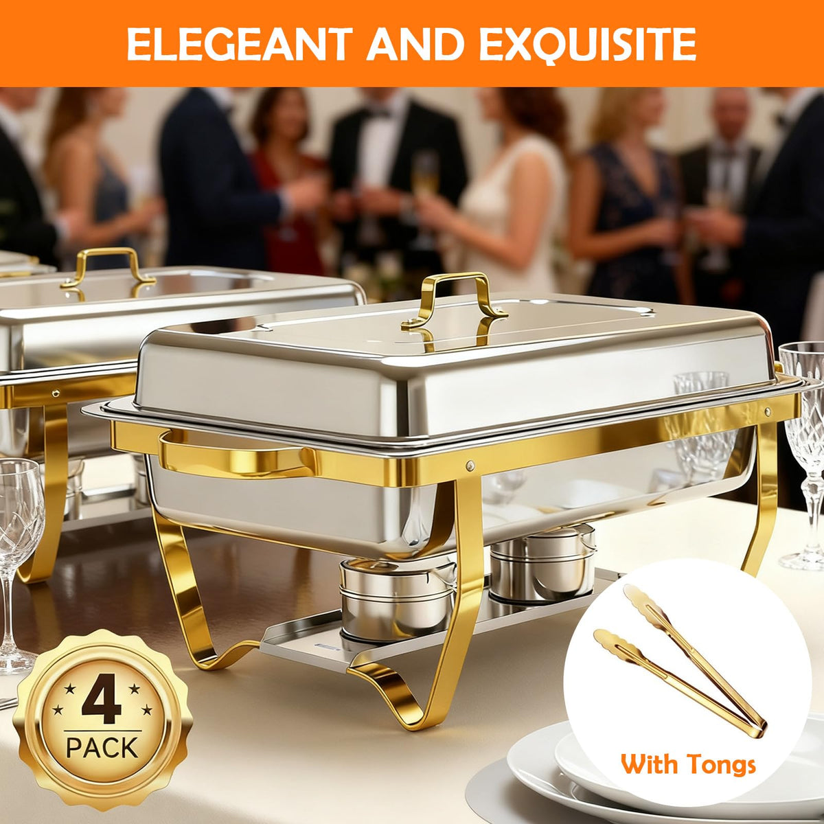 ALSO GO Chafing Dishes for Buffet, Rectangular Chafing Dish Set with 4 Serving Tongs, 9QT 4 Pack Gold Chafing Dishes for Buffet, Party, Gatherings, Banquets, Weddings