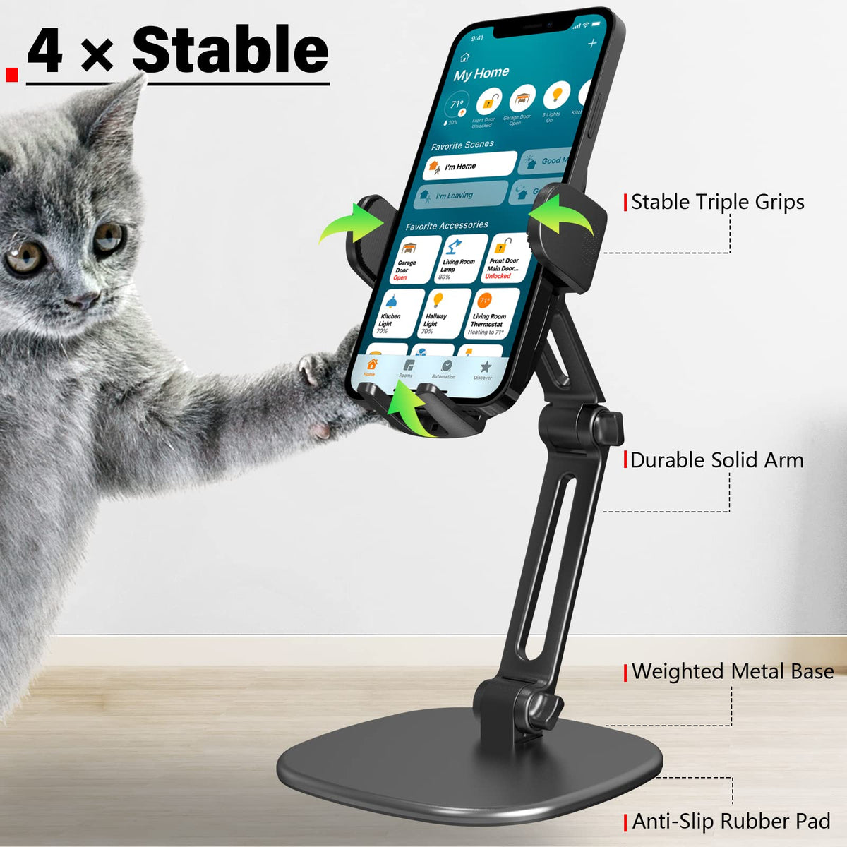 APPS2Car Phone Stand for Desk [No Dropping Stable Triple-Clamp Holder] Adjustable Height 360 Degree Rotation Heavy Base Thick Case Friendly, Multifunctional Cell Phones Stand for iPhone Android Phones