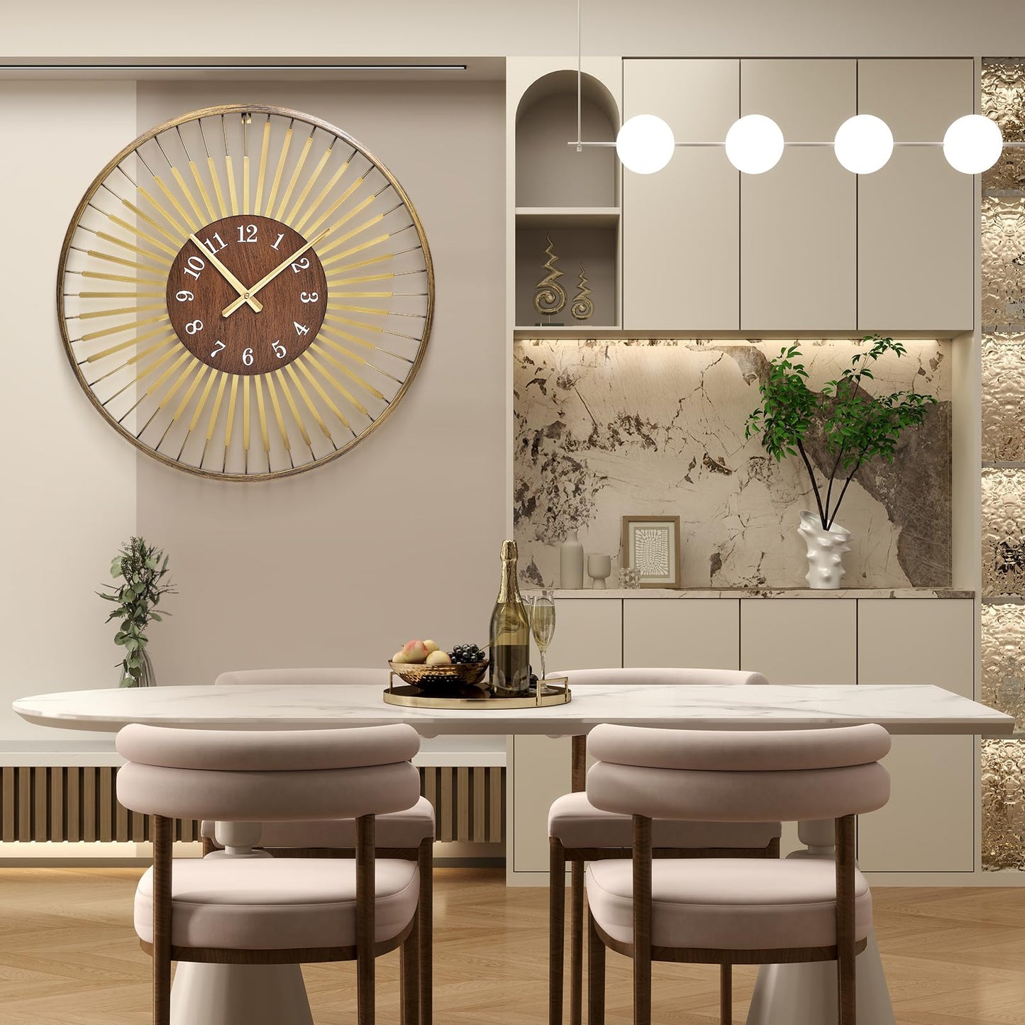 XGGJWW 24 Inch Mid-Century Modern Wall Clock, Round Frame Metal Design with Walnut Wood Center, Silent Quartz Movement, Gold-Tone Accents – Decorative Wall Clock for Living Room, Bedroom, and Office