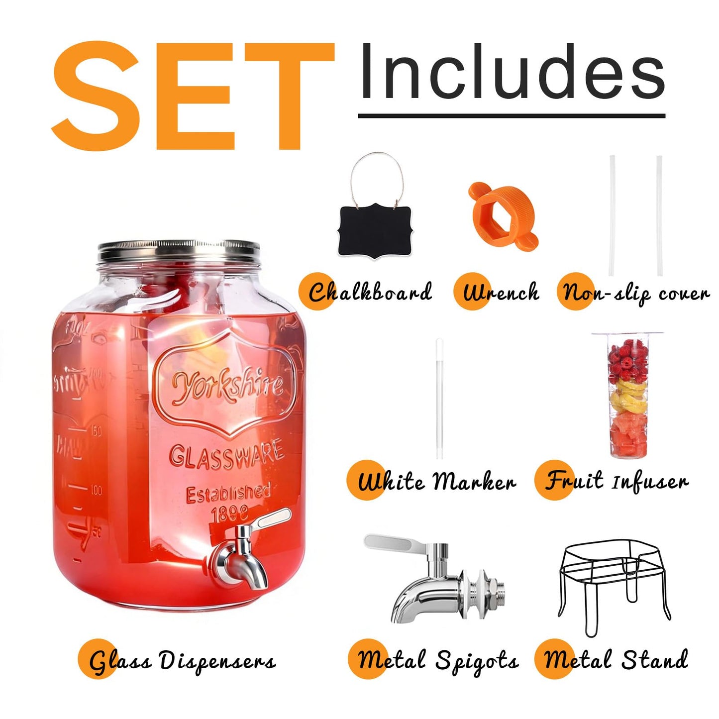 2 Gallon Glass Drink Dispenser,Beverage Dispenser with Stand,Lemonade Dispenser with 304 Stainless Steel Spigot Leakproof for Entertaining Guests, Picnic,Hosting Parties