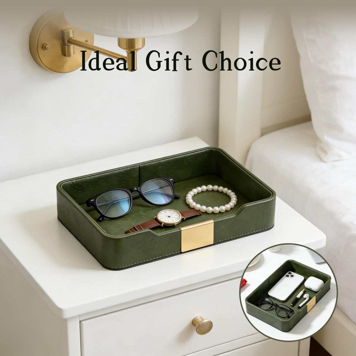 HPZIHYNAP Green Luxury Leather Jewelry Tray - Stylish Desk Accessories & Nightstand Organizer for Holding Jewelry, Watch, Keys, Phone & Wallet (Entryway/Desktop Decor)