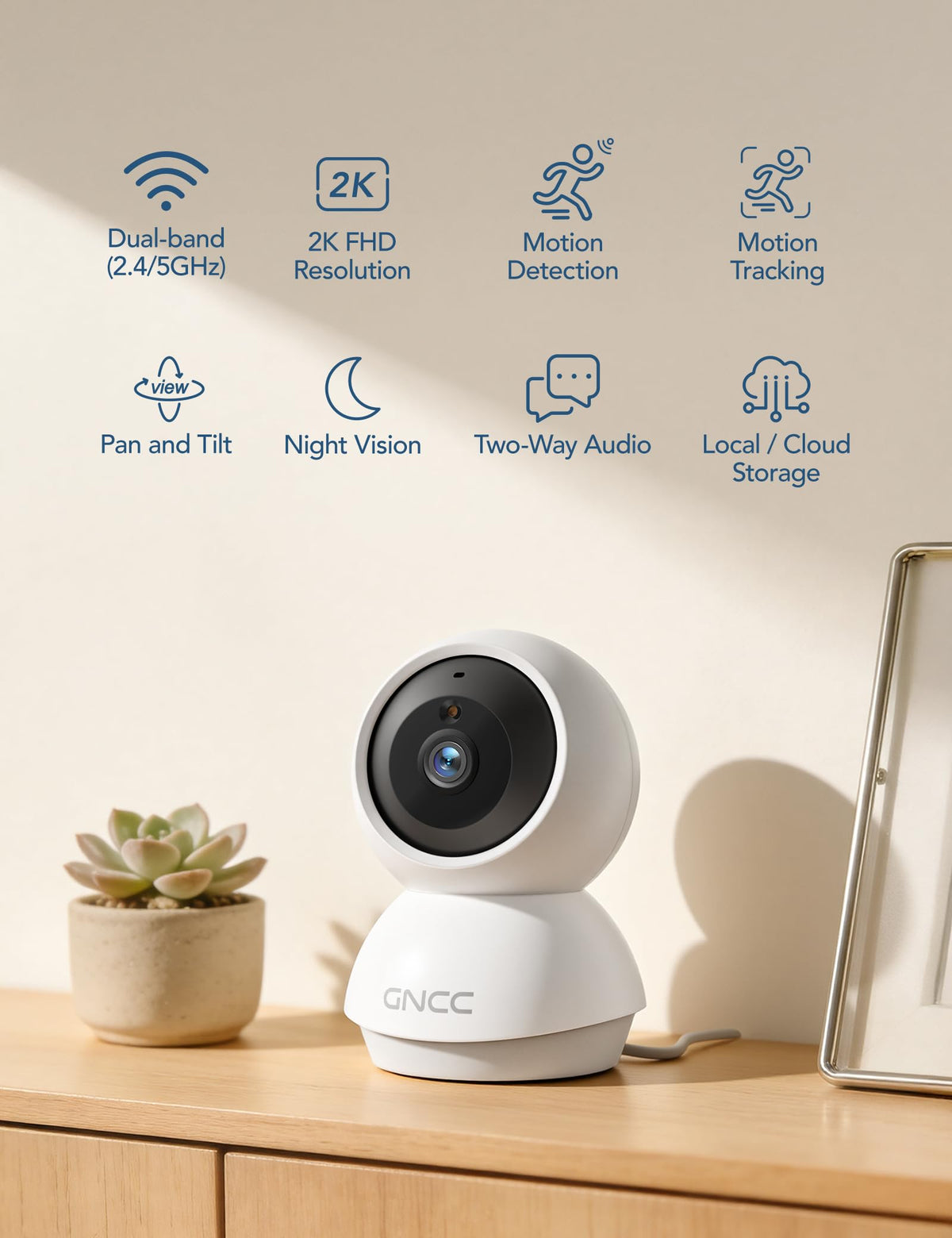 GNCC 2K Cameras for Home Security-2.4/5Ghz WiFi Indoor Camera with 360° Motion Detection for Pet/Baby/Nanny/Dog 2-Way Audio, Night Vision, 24/7 SD Card Storage, Cloud Storage, Works with Alexa, 4 Pcs