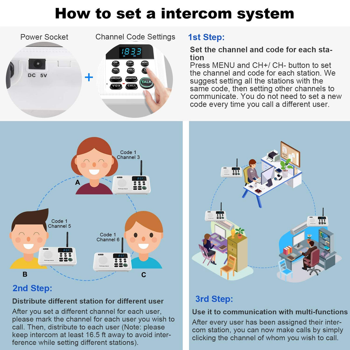 Wuloo Intercoms Wireless for Home 1 Mile Range 22 Channel 100 Digital Code Display Screen, Wireless Intercom System for Home House Business Office, Room to Room Intercom Communication(2Station, White)