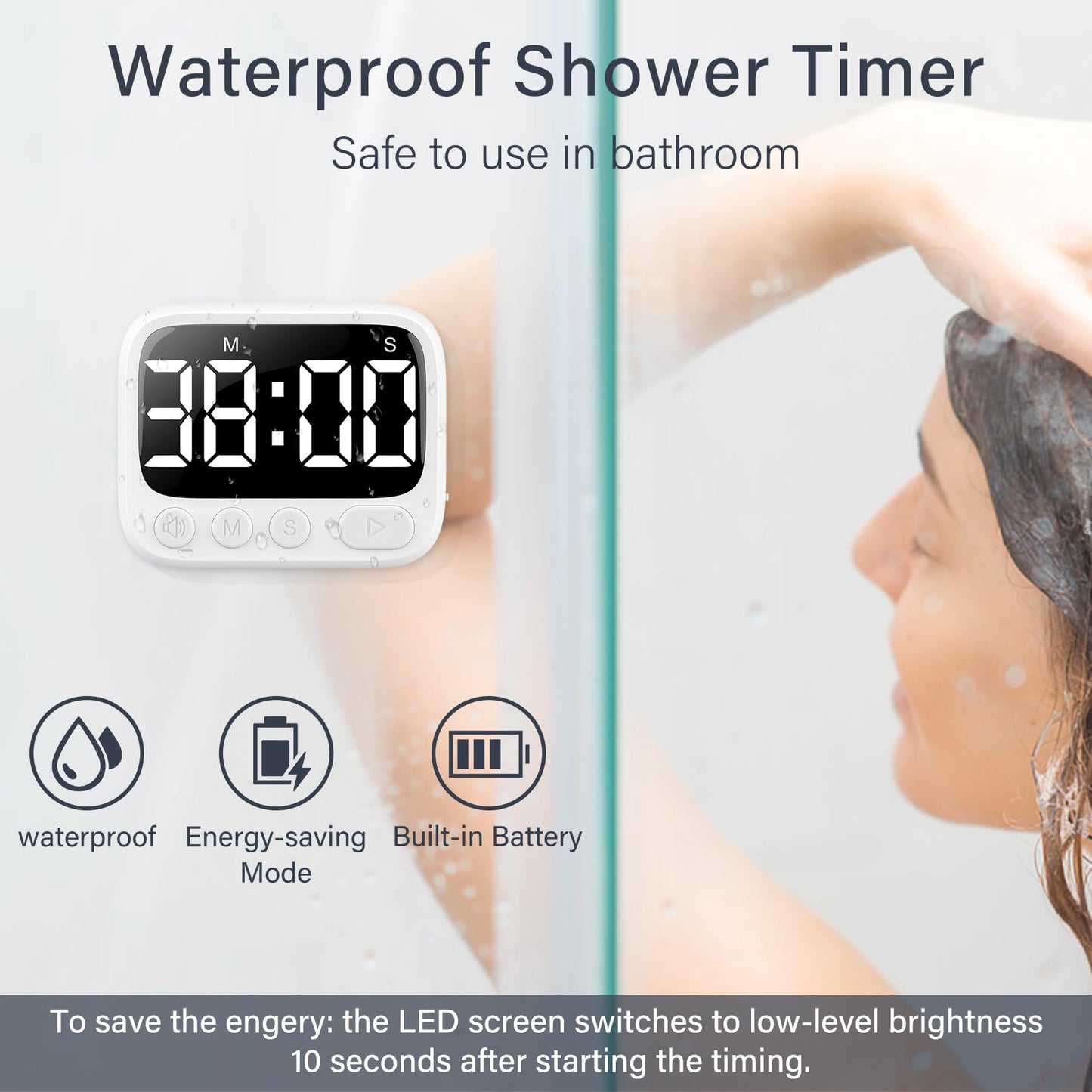 HAUKINIX Shower Timer Waterproof Bathroom Toilet Timer Digital Kitchen for Wall Mount, Study w/Foldable Stand, Countdown Stopwatch w/Suction Cup for Swim, Rechargeable, White