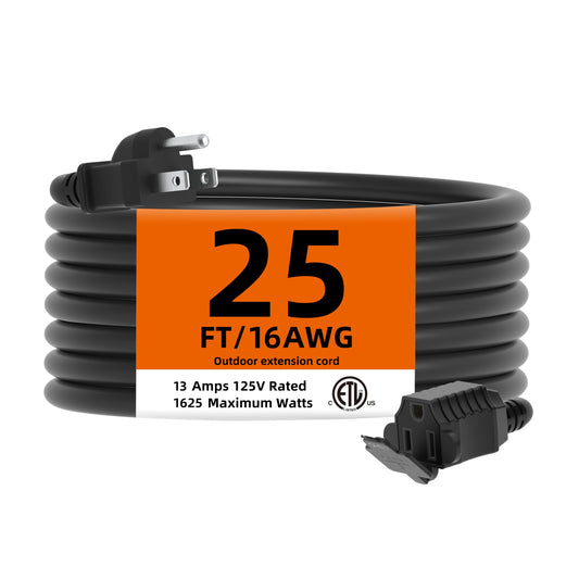 TiFFCOFiO Indoor Outdoor Extension Cord Waterproof, 25 Feet 3 Prong Power Cord for Home and Garden, 16 AWG, 13A/1625W, ETL Listed