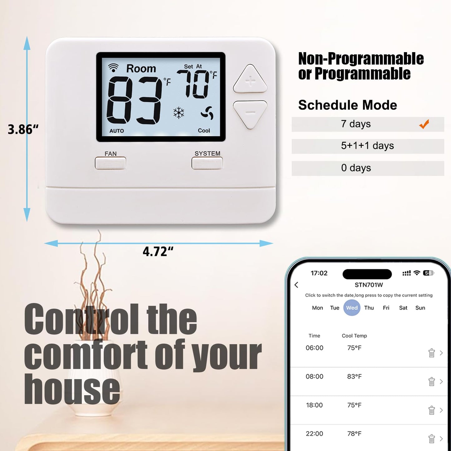 Heagstat WiFi Thermostats for Home Single-Stage 1Heat/ 1Cool, APP Remote Control, 7-Day or 0-Day Programmable. (C-Wire Required)