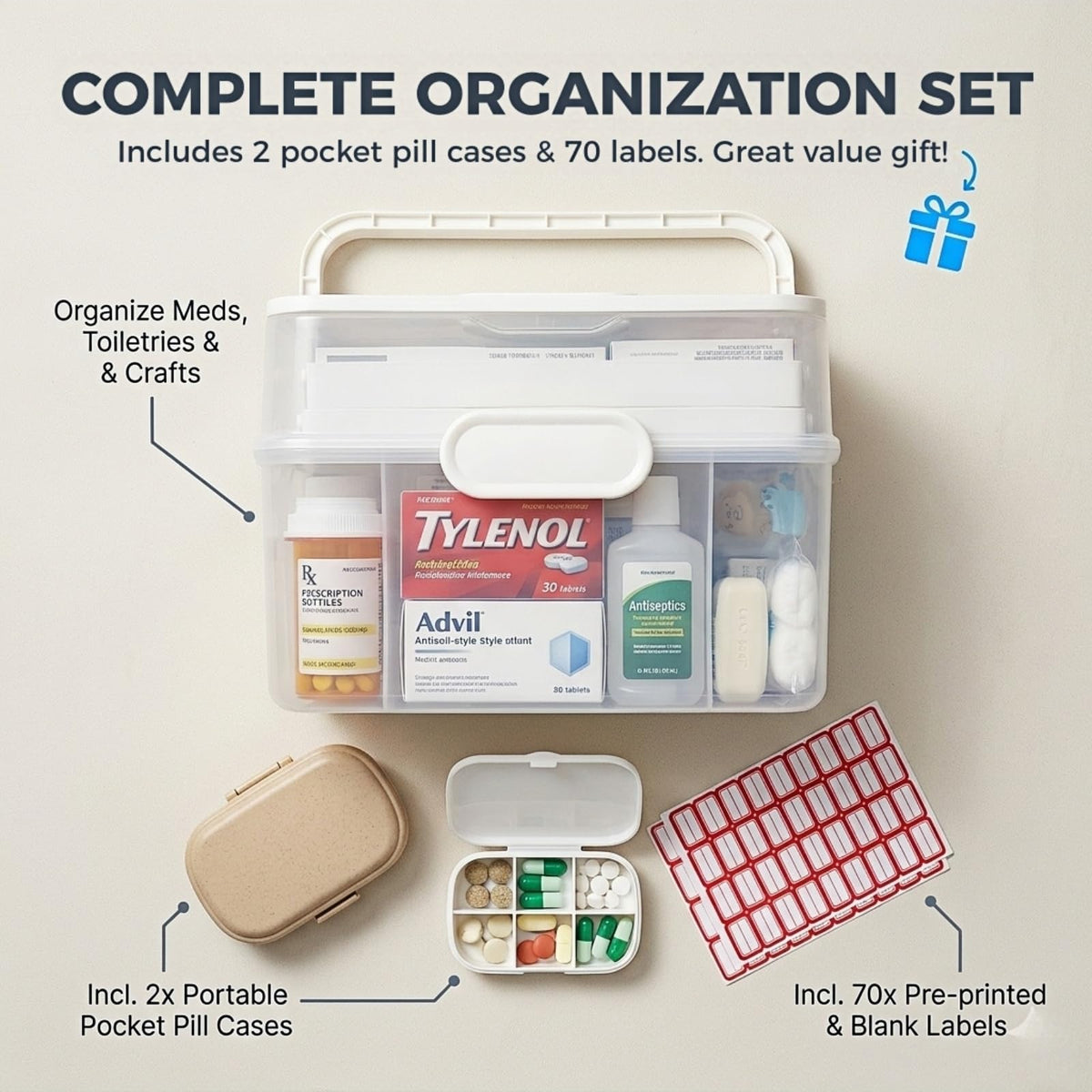 Portable Medicine Organizer Box & First Aid Kit Container – 3-Layer Folding Storage Bin with Handle & Latch, Clear Medical Supply Case for Home, Dorm, Sewing – w/ 2 Pill Pods & Labels