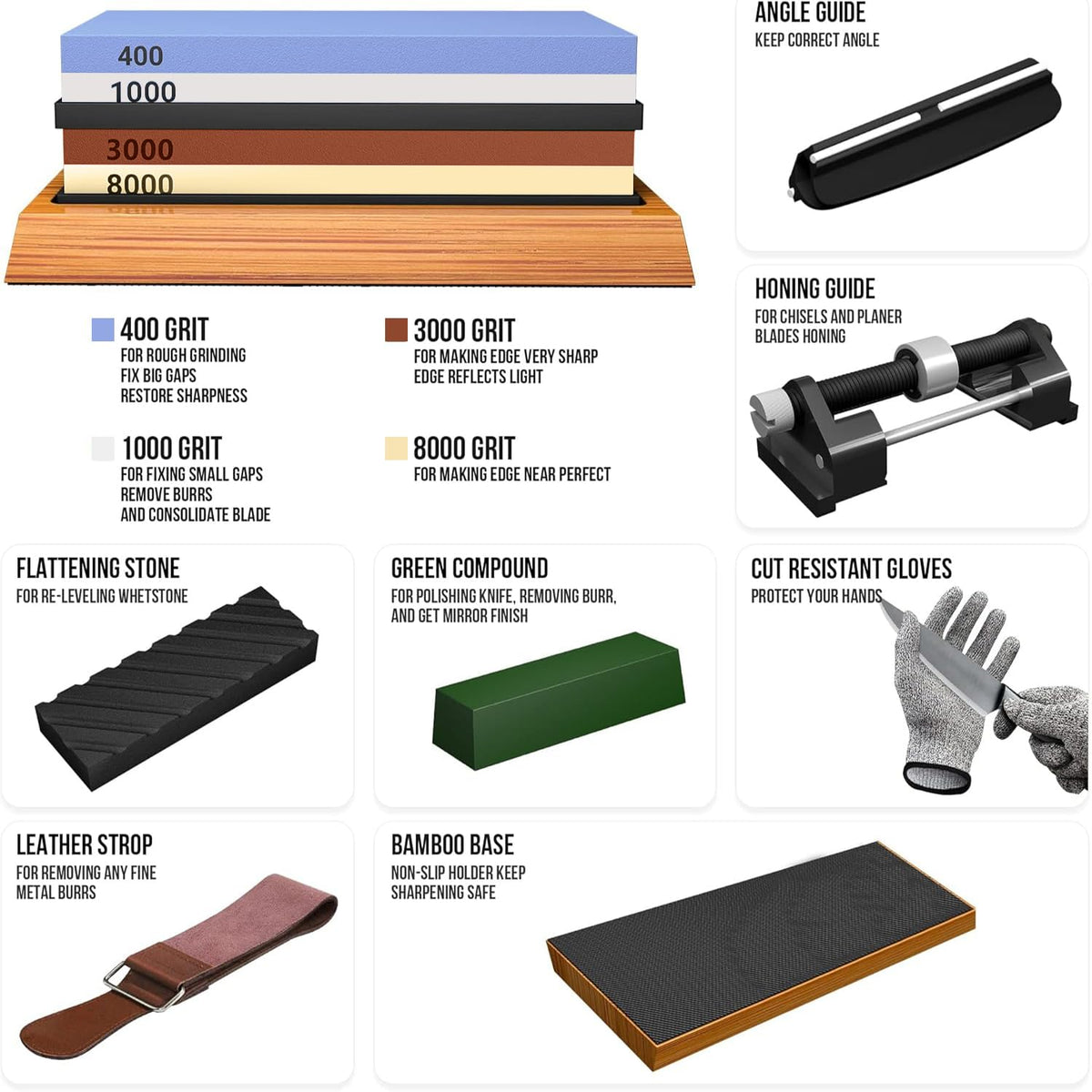 YeopAsda Knife Sharpening Stone Kit, Premium 4 Side Grit 400/1000 3000/8000 Whetstone Knife Sharpener Tool, Non-Slip Bamboo Base,Cut Resistant Gloves, Angle Guide