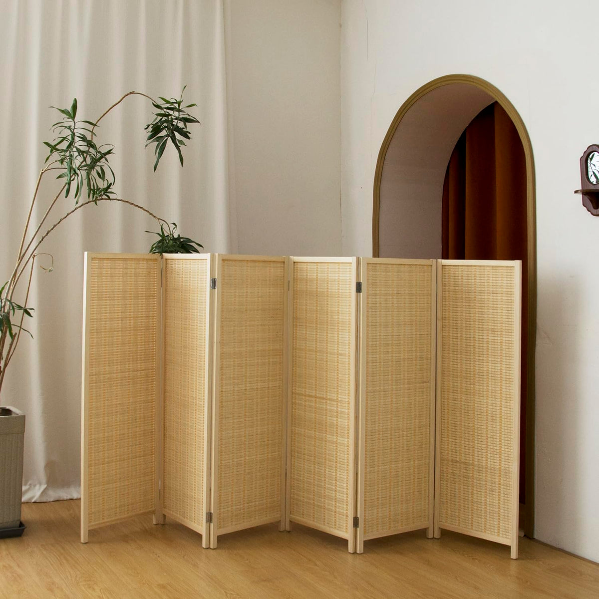 Pawlabay 6 Panel Short Panel Divider Screen,3.95 FT Tall Bamboo Room Divider Folding Privacy Screen,Short Panel Divider Freestanding Room Divider for Room Seperation,Beige