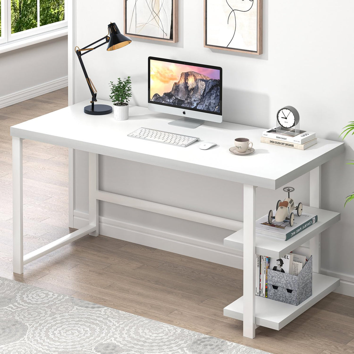 EXCEFUR White Computer Desk, Modern Home Office Desk with Storage Shelf, Wood and Metal Writing Study Table for Living Room Bedroom, 53 Inch