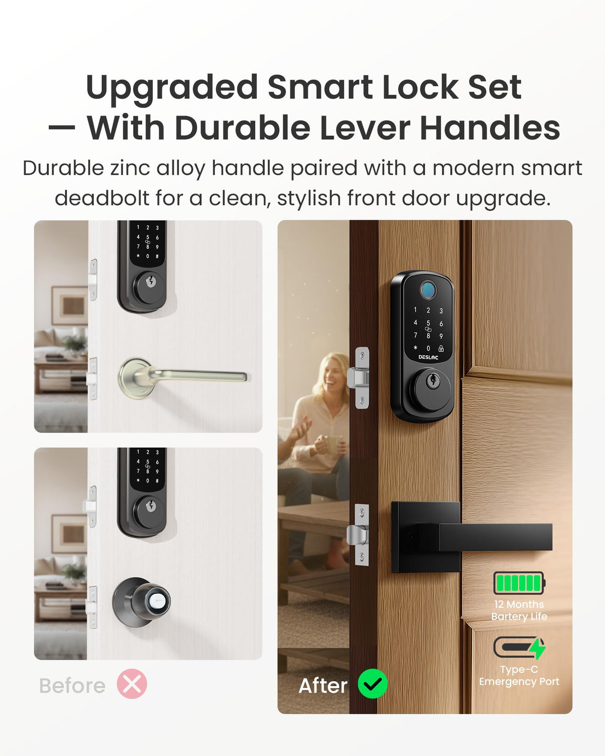 DESLOC B200 Fingerprint Smart Lock with 2 Lever Handles, Keyless Entry Front Door Lock Set, Electronic Keypad Deadbolt, App Control, Auto Lock, Long Battery Life, Secure Home Access