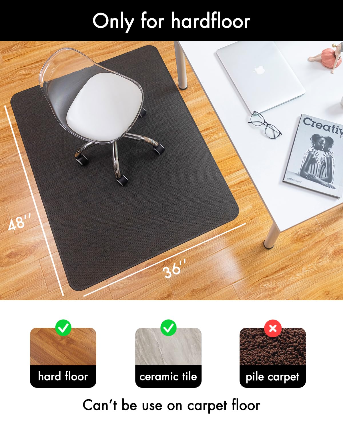 Baroyal Office Chair Mat for Hardwood Floor Under Desk Computer Rolling Chair Mat for Wood/Tile Floor Non-Slip Heavy Duty Desk Rug PVC Plastic Hard Floor Protector 36" x 48" (Espresso)