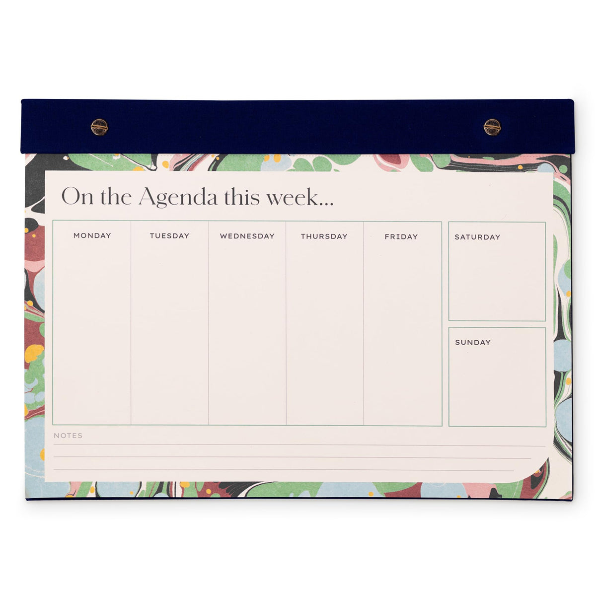 Amélin Archive 8" x 11" Weekly Desktop Planner with 55 Perforated Sheets, Navy Bookcloth Header & Back, Gold Post Binding, Undated Tear-Off Pad with Notes Section (Omega)