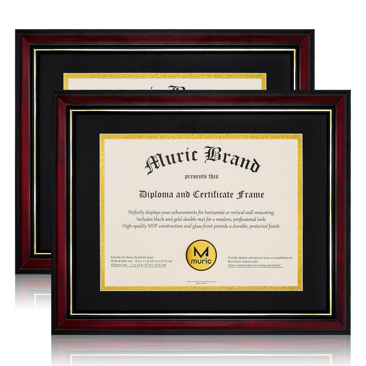 Egofine Diploma Frames 8.5 x 11 with Mat Set of 2 Solid Wood Degree frame Covered by Plexiglass, Certificate Frame 11x14 Without Mat, Picture Frame for Wall and Tabletop, Cherry Red with Gold Edge
