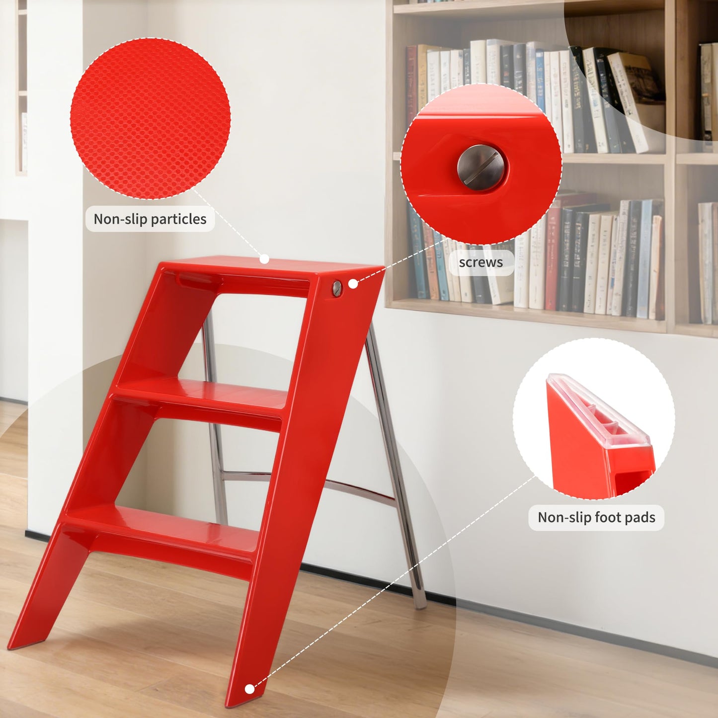 HOTEAGLE Ladder Shelf, Multifunctional 3-Tier Bookshelf, Stylish Bedroom Shelves Double as Bedside Table, Side Table for Home Living Room, Kitchen and Bedroom,Red