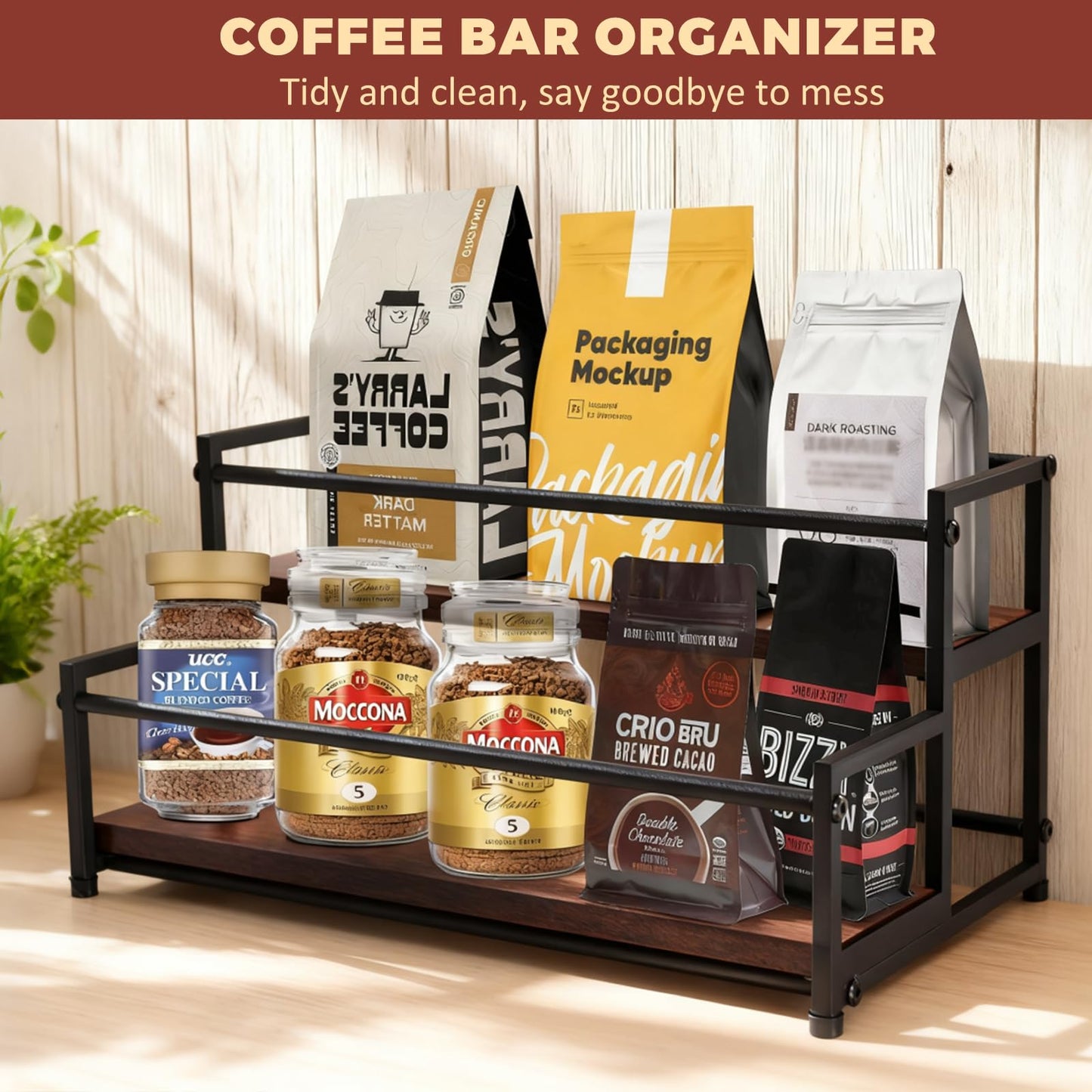 HRUSGO Coffee Syrup Rack Organizer - Metal Bottle Holder for 10 Bottles – Rustic Countertop Display Shelf for Coffee Bar, Kitchen Cabinet, Pantry Storage for Syrups, Liquor, Spice, Tea & Wine (2-Tier)