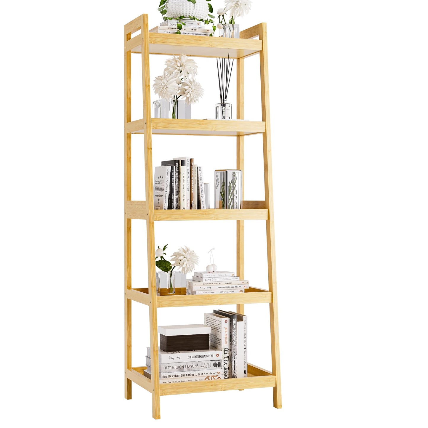 vovala Bookshelf, 5 Tier Ladder Bookcase with Bamboo Frame, Freestanding Tall Narrow Display Plant Shelf for Living Room, Kitchen, Bedroom, Balcony, Natural