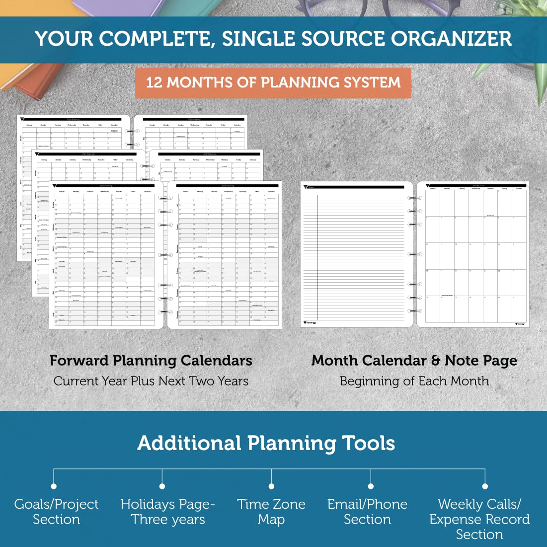 Planner Pad 7 Hole Loose Leaf January-December 2026/ Calendar Year 8 1/2" x 11" Large 3-Tier Funnel Down 12 Month Organizer,Black Ink, 8 1/2" x 11”