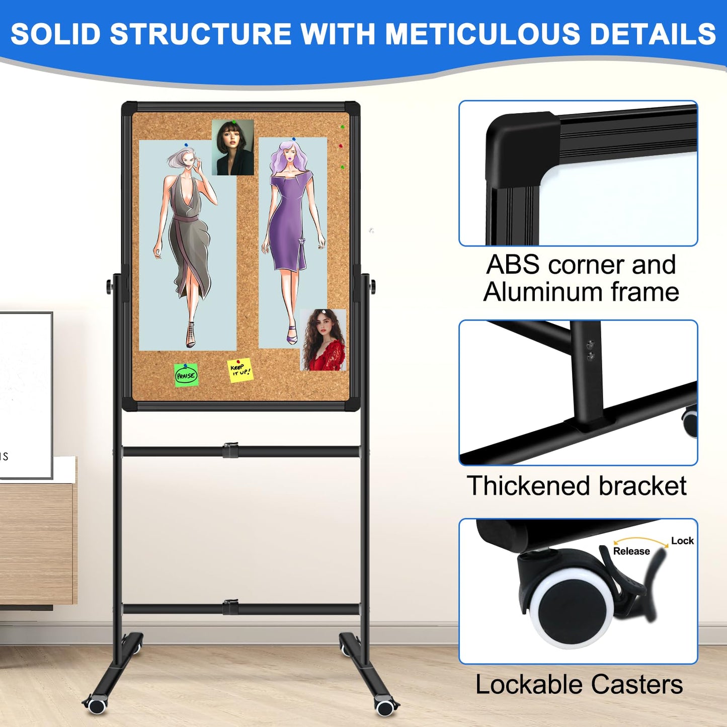 Max-officoo Double Sided Standing Corkboard and Magnetic White Board Dry Erase, 24"x36" Adjustable Height & Angle Mobile Whiteboard with Rolling Wheels