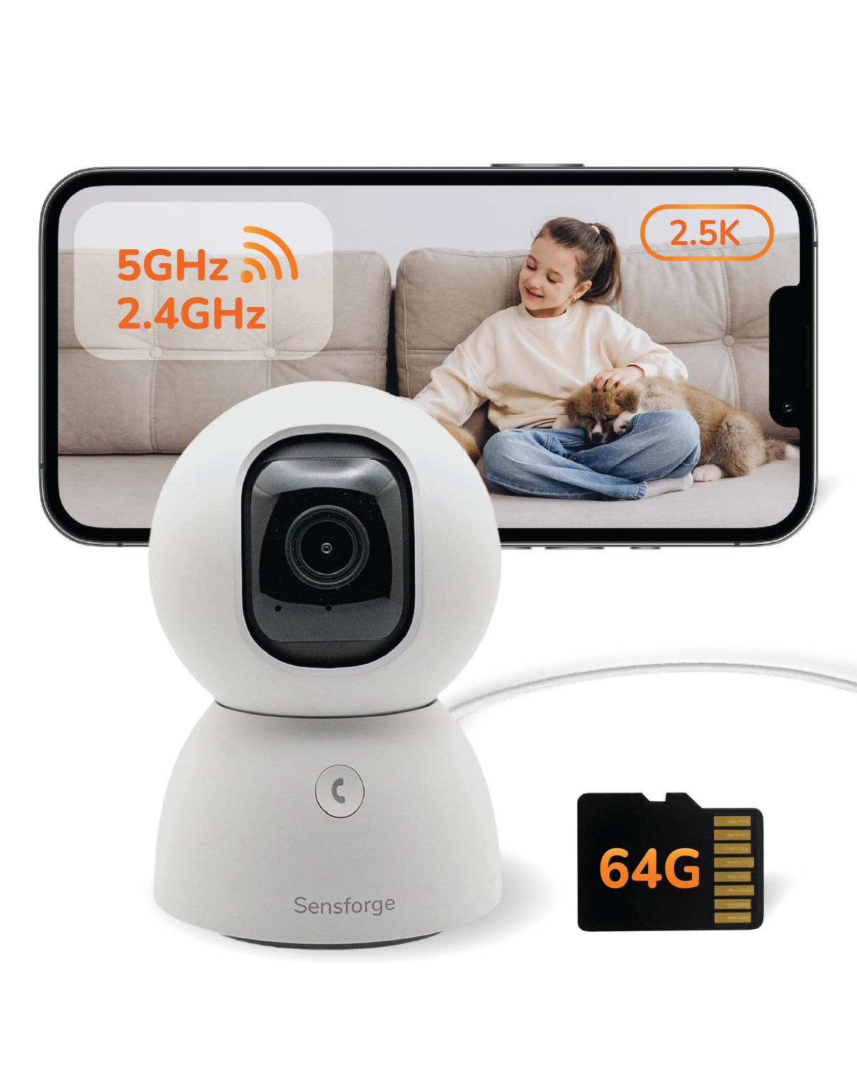 SensForge 2.5K Pan-Tilt Security Camera, 360° Dual-Band WiFi Camera for Home, Free AI Human & Pet Detection, 2-Day Cloud + 64GB SD Storage, Two-Way Talk, Optional AI + Storage Upgrade (1, White)