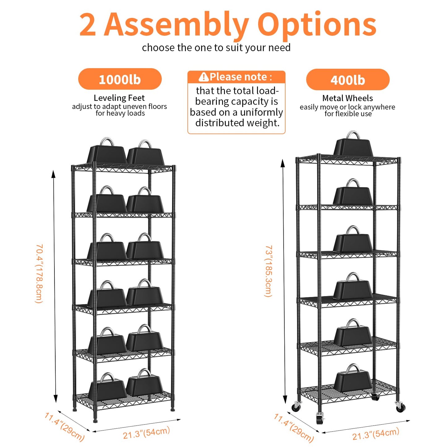 VANZBON 6-Tier Wire Rack Shelving,21.3" Wx11.4 Dx73 H,Metal Shelf On Lockable Wheels,Height Adjustable Wire Storage Shelves for Narrow Space/Kitchen/Pantry/Laundry/Office/Closet/Black
