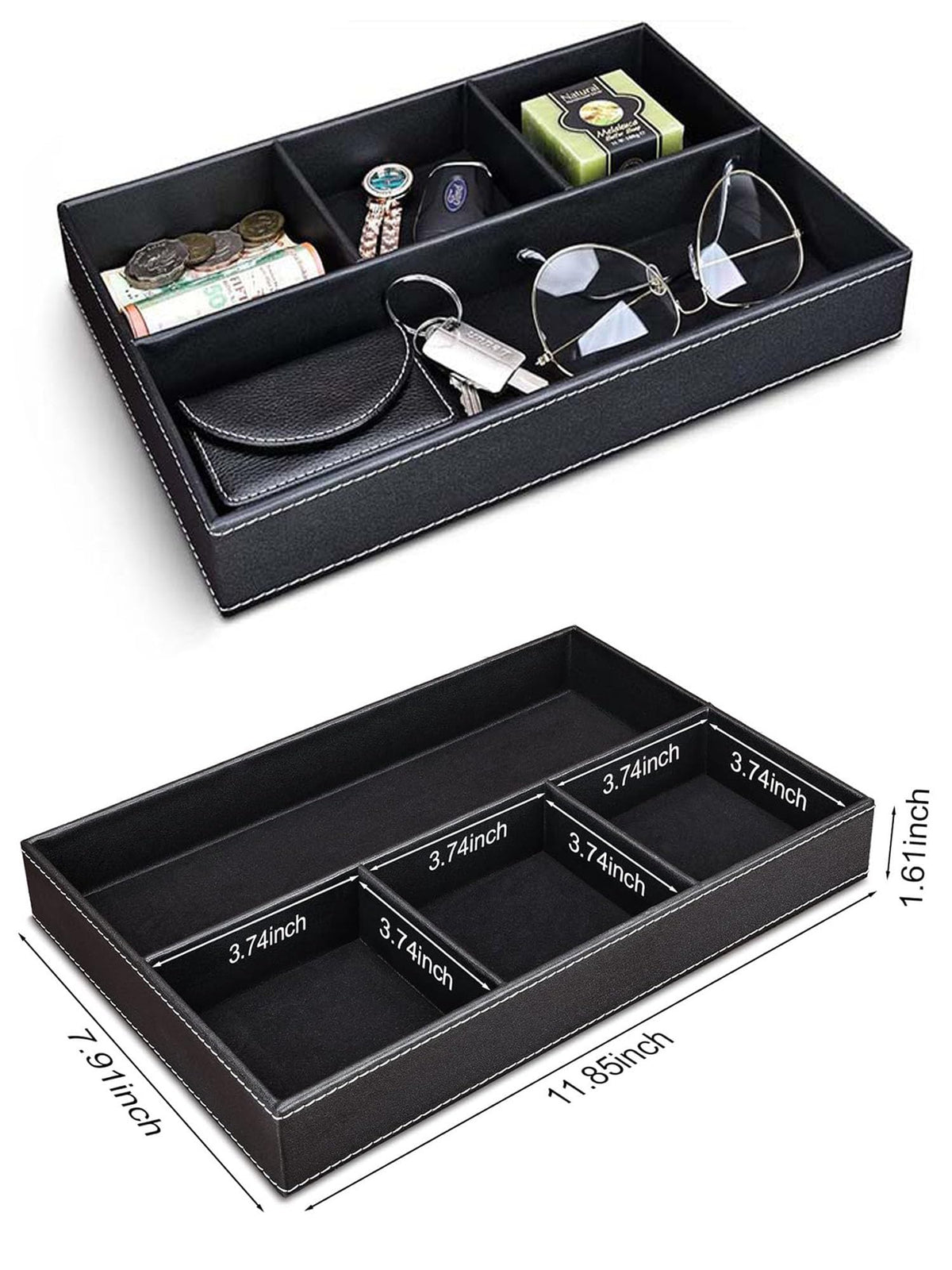 2 Pack Nightstand Drawer Organizer, Faux Leather Valet Tray for Men Women Stackable Jewelry Organizer for Drawers Caddy Tray for Key, Wallet, Watch, Sunglass, Coin, Phone, Bedside Desk-top Storage