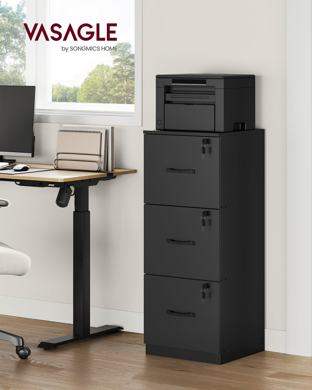 VASAGLE 3-Drawer Vertical File Cabinet, Filing Cabinet for Home Office, Printer Stand, with 3 Lockable Drawers, Adjustable Hanging Rail, for A4 and Letter-Size Files, Ink Black UOFC055B16