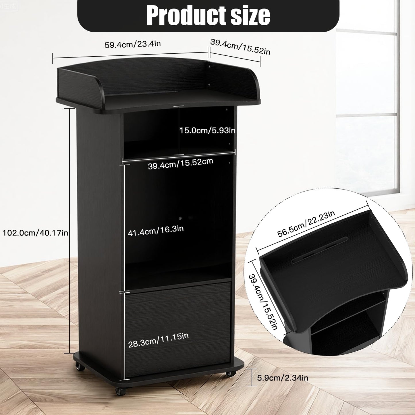 Podium Stand Portable with Wheels, Classroom Lectern for Teacher with Adjustable Storage Shelf, Mobile Rolling Church Pulpits, Office Wooden Reception Desk, Host Stand for School Conference（Black）