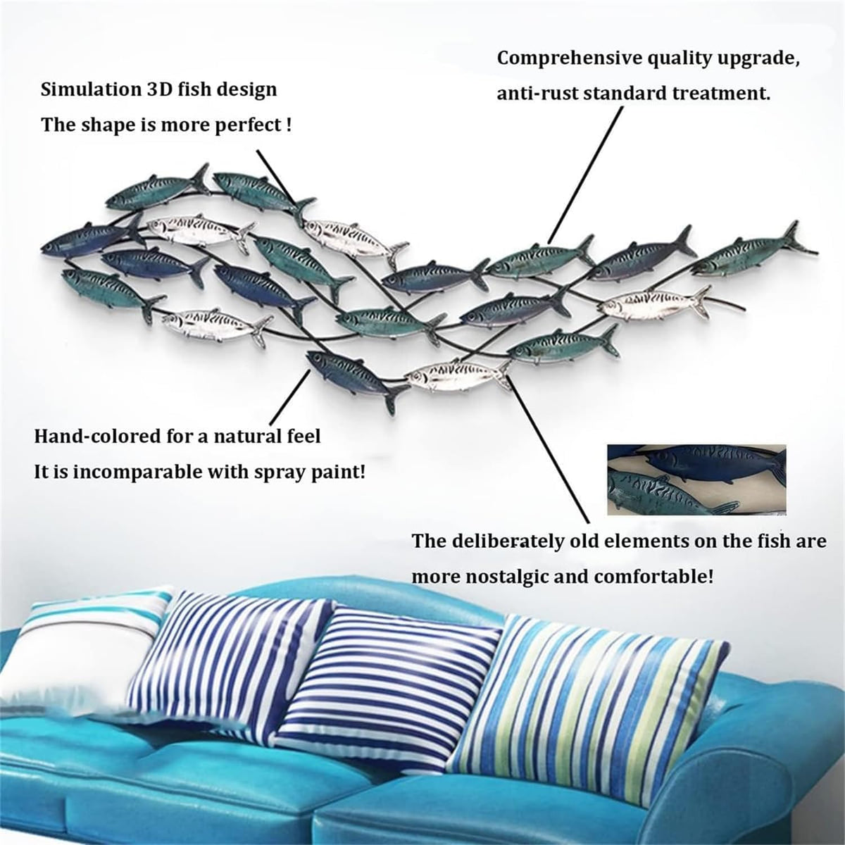 Coastal Metal Fish Wall Decor, Large Nautical Fish Wall Décor,School of 20 Fish Wall Art,3D Fish Wall Sculpture,Fish Metallic Art Decor,Perfect for Living Room,Bedroom,Beach Or Boat Decor,59" X 16.5"