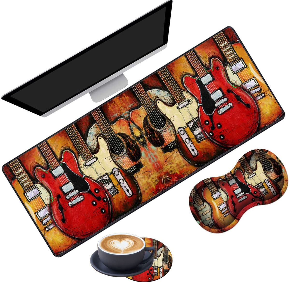 Extended Gaming Mouse Pad Desk Pad Keyboard Pad, Mouse Wrist Rest and Coaster, Anti-Slip Rubber Base Mouse Pad, Suitable for Gaming and Office, Guitar