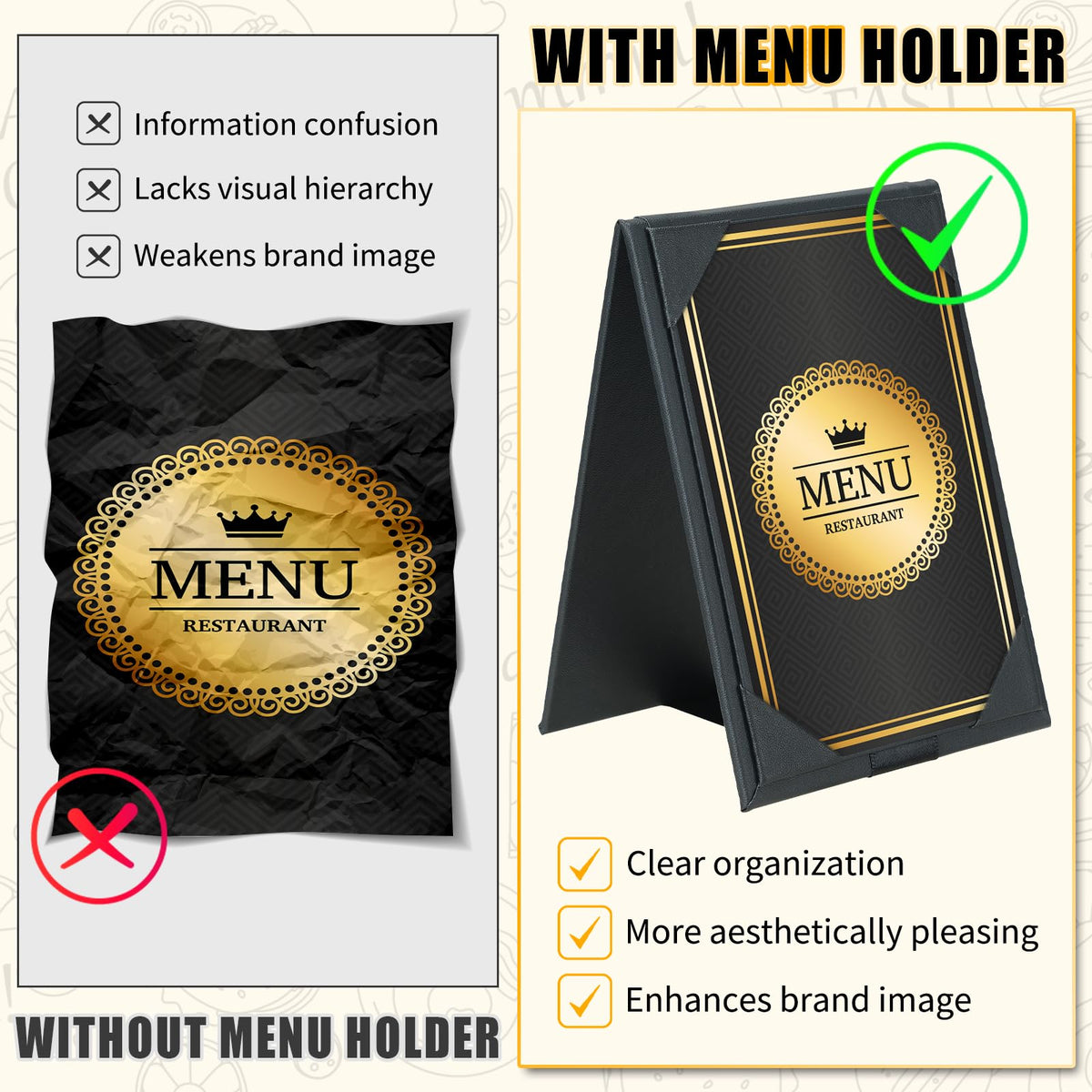 FLKQC 12 Pack Double-Sided Menu Holders 4"x 6", PU Leatherette A-Frame Table Tents for Restaurant, Bar, Cafe, Wedding, Durable and Foldable Design (12 pack, 4" x 6")