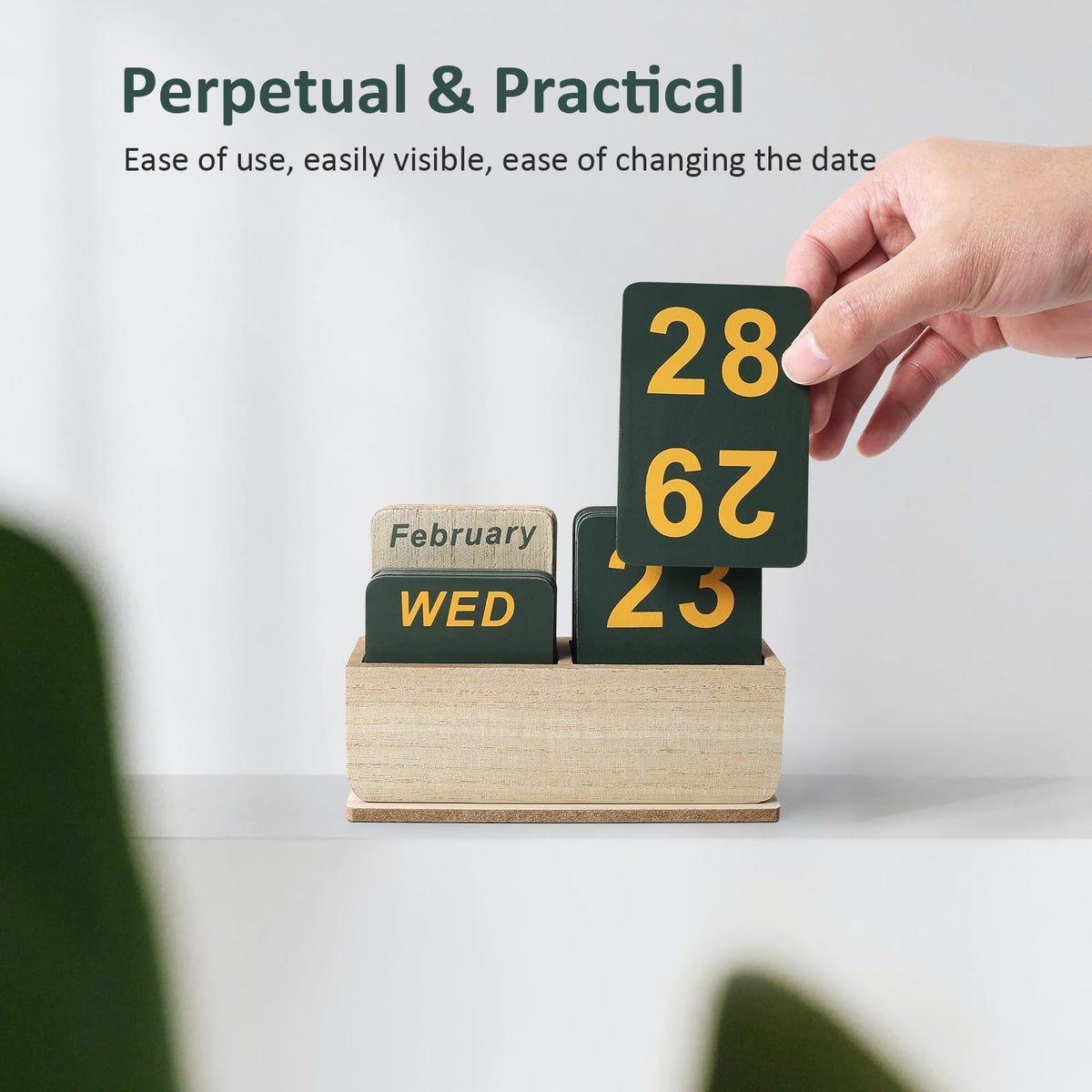 DEERINE Wooden Block Perpetual Calendar for Desk, Daily Desktop Standing Flip Calendar with Large Display, Modern Farmhouse Aesthetic Desk Accessory for Home Office Decor, Reusable Yearly, Wood Grain