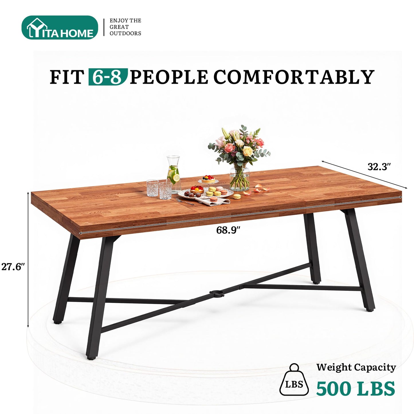 YITAHOME 68.9-Inch Rectangular Dinner Table, Solid Acacia Wood Dining Table with Metal Frame, Heavy Duty Outdoor Wood Rectangle Table for Patio, Garden, 500 LBS Capacity