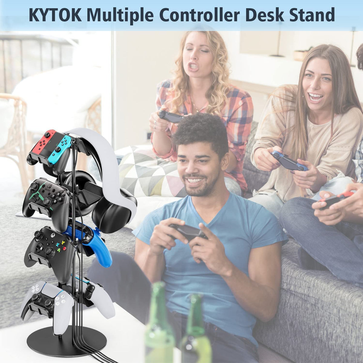 Kytok Controller Stand 4 Tiers with Cable Organizer for Desk, Universal Headphone Stand Compatible with Xbox PS5 PS4 Console Nintendo Switch, Headset Holder & Desk Mounts for 8 Packs Controller