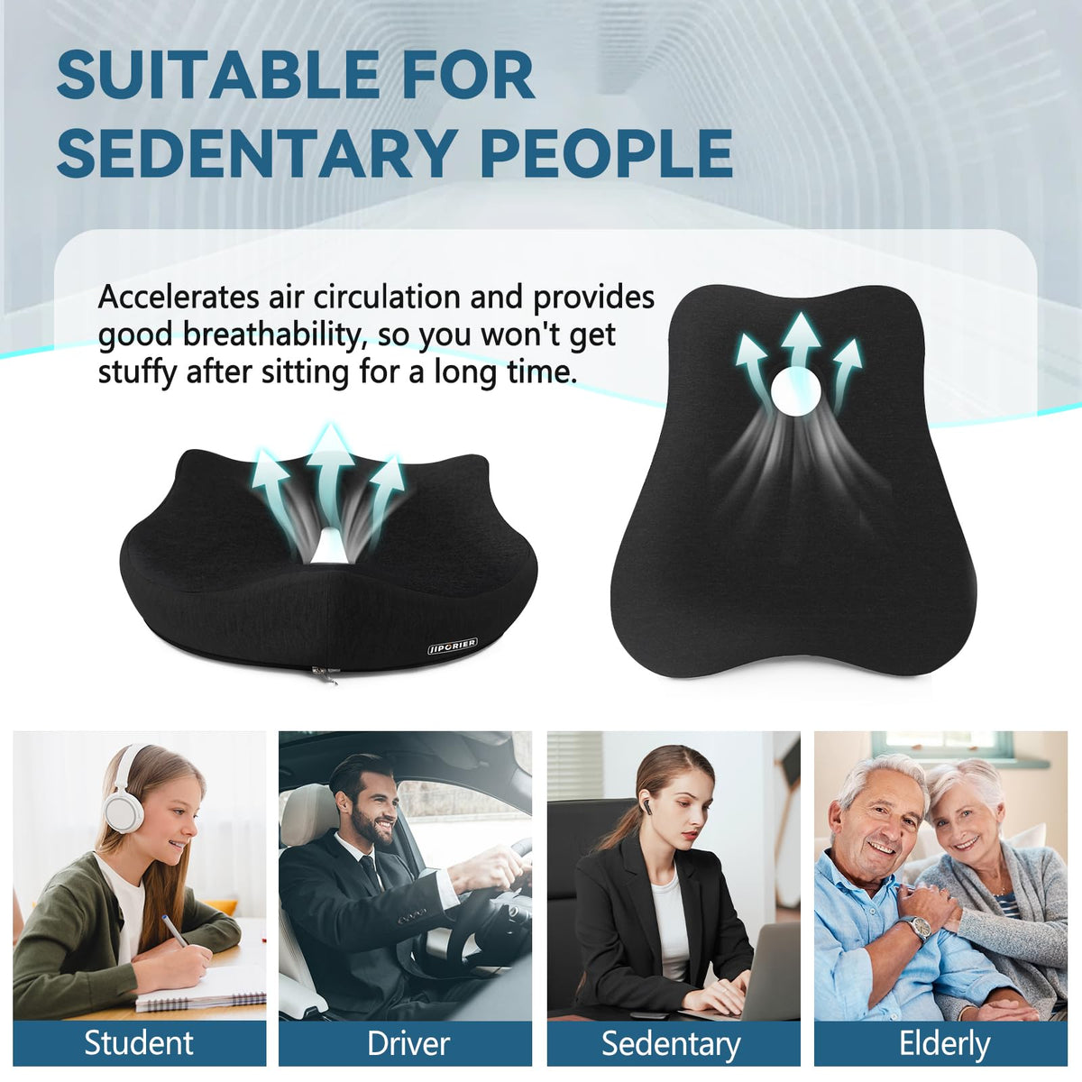 JIPORIER Seat Cushion & Lumbar Support Pillow for Office Chair,Memory Foam Chair Cushions for Tailbone Pain, Non-Slip Back Support for Desk,Gaming Chair,Wheelchair, Breathable & Machine Washable