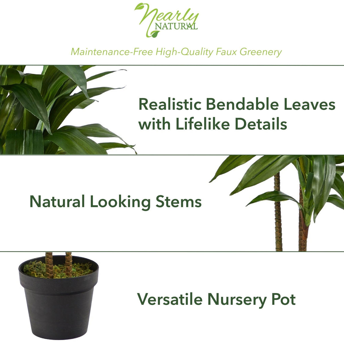 Nearly Natural 48in Artificial Dracaena with Real Touch Leaves and Multi Tonal Trunks, Large Indoor Silk Plant with Pot, Maintenance Free For Living Room And Home Office Decor