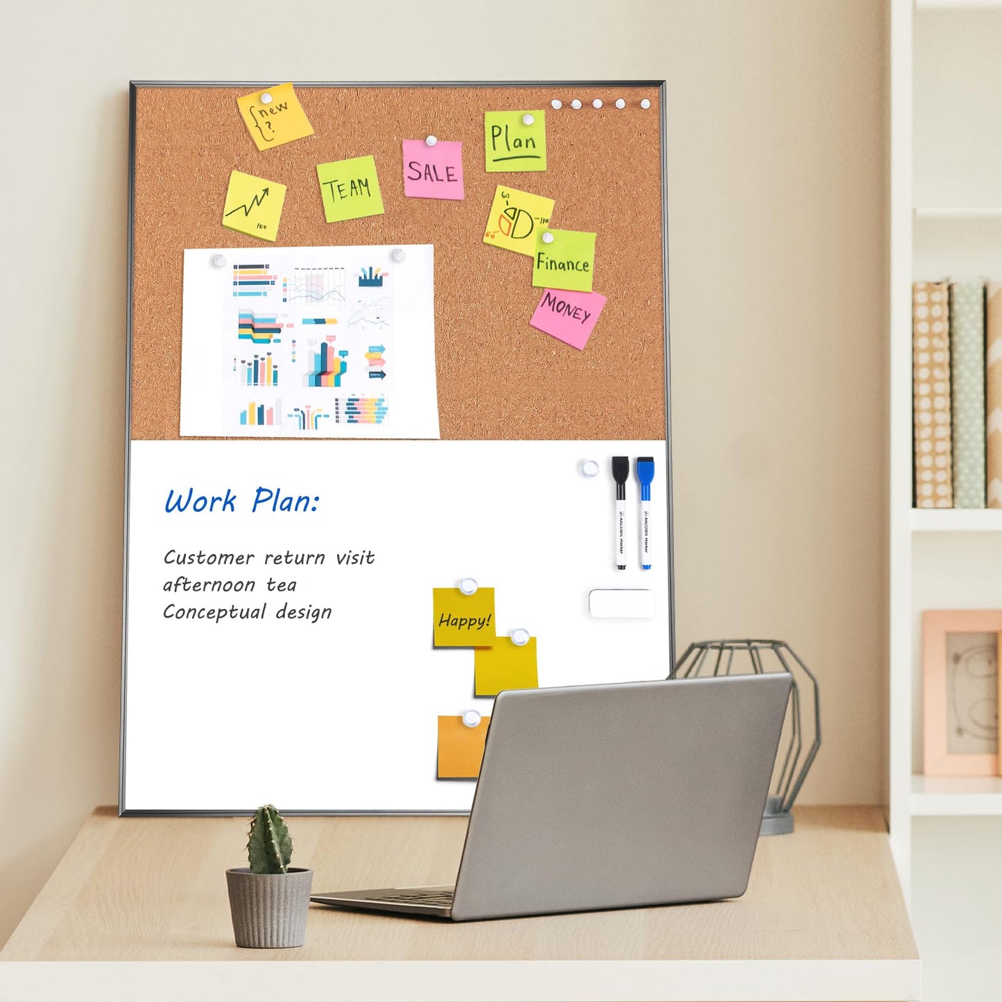 ARCOBIS Cork Board White Board Combo, 24 x 18 Inch Bulletin Board, Magnetic Dry Erase Board & Corkboard for Wall, Vision Board for Home, Office, School, Black Frame
