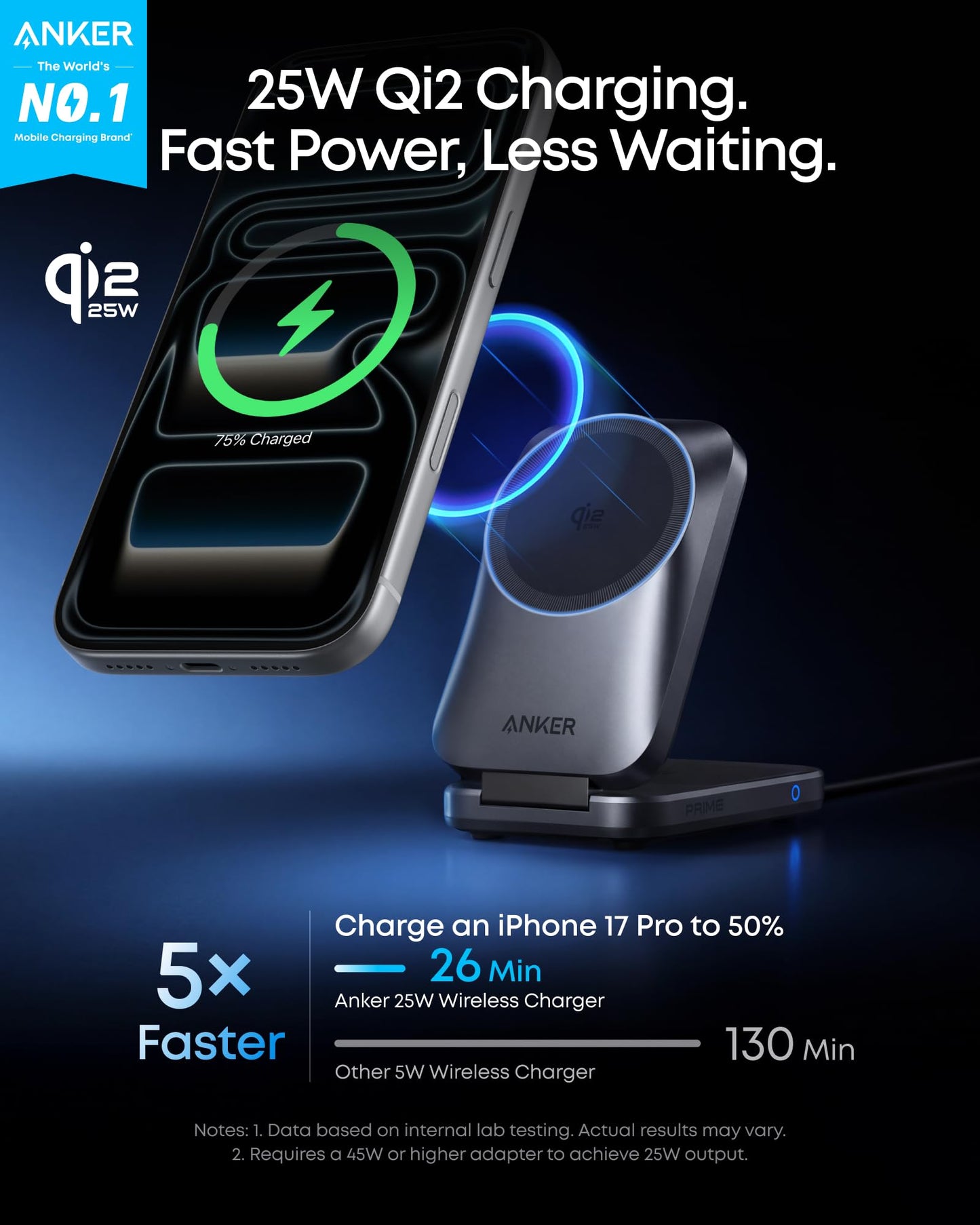 Anker Prime 3-in-1 Charging Station, AirCool Wireless Charger, Qi2 25W Certified Palm-Sized Foldable MagSafe Charger Compatible with iPhone 17, Apple Watch, AirPods (Non-Battery, with Adapter)