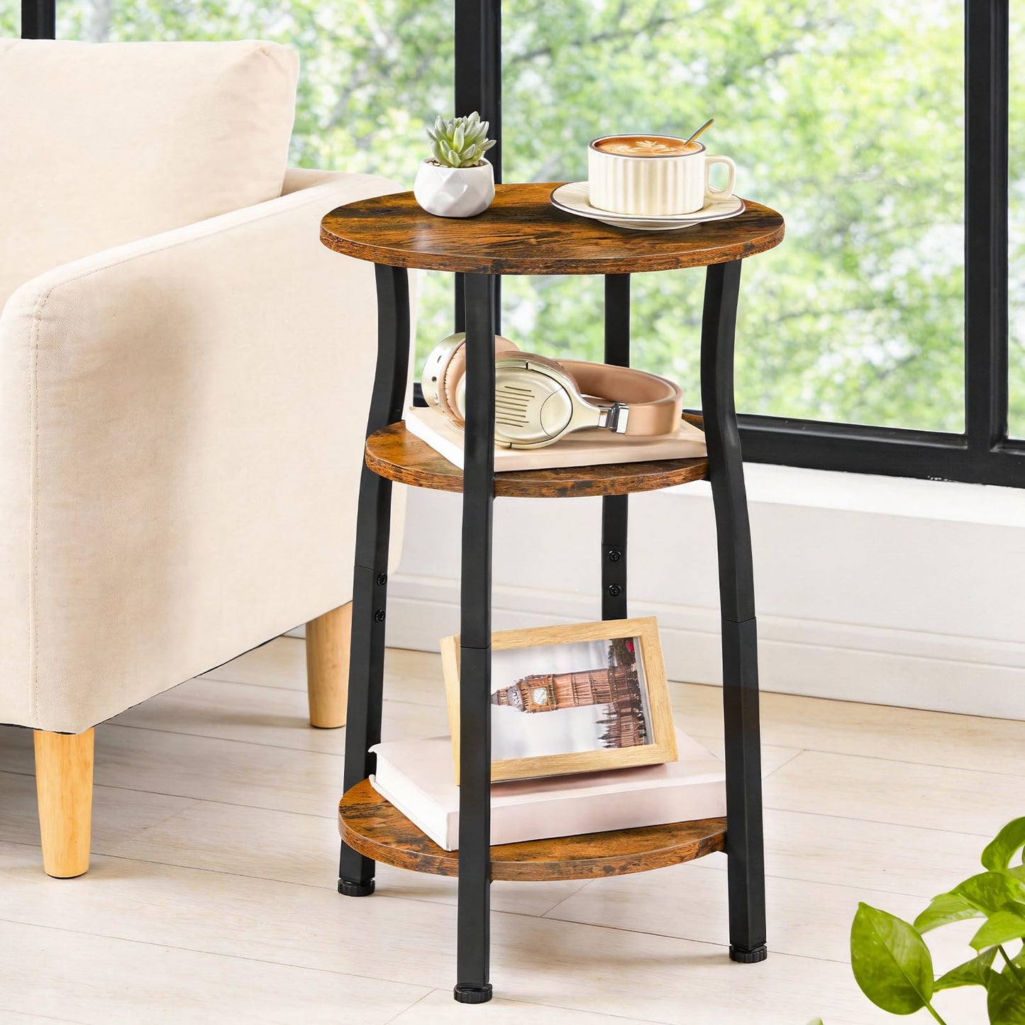 HOOBRO Narrow End Table with Storage, 3-Tier Small Oval Side Table, Slim Bedside Table for Small Spaces, Corner Sofa Table for Living Room, Bedroom, Rustic Brown and Black BF258BZ01