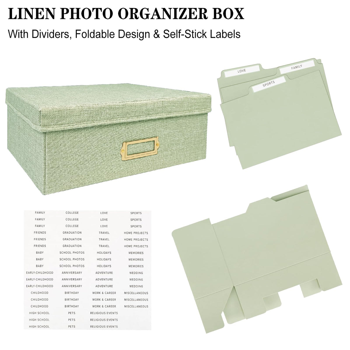 Sprsthai Linen Photo Storage Box – Holds 1700 Photos, 24 Adjustable Dividers & 72 Labels Multi-Use Organizer for Photos, Envelopes, Recipes Beige