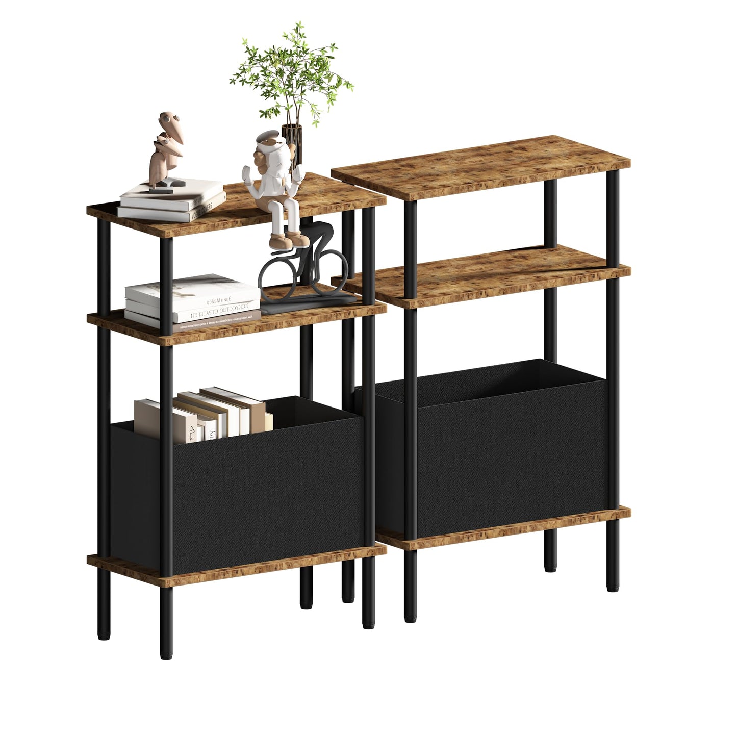 Newmics Narrow Side Table with Fabric Basket, Set of 2 End Table for Small Spaces, Slim Nightstand with 3-Tier Storage Shelf, Sofa Beside Table, for Living Room, Bed Room, Rustic Brown