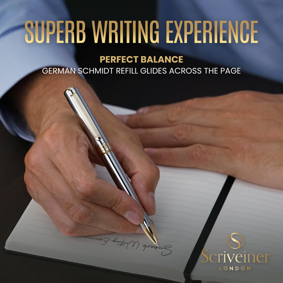 Scriveiner Silver Chrome Ballpoint Pen - Stunning Luxury Pen, Real Gold Plating, Schmidt Black Refill, Best Ball Pen Gift Set for Men & Women, Professional, Executive, Office, Nice, Fancy Pens