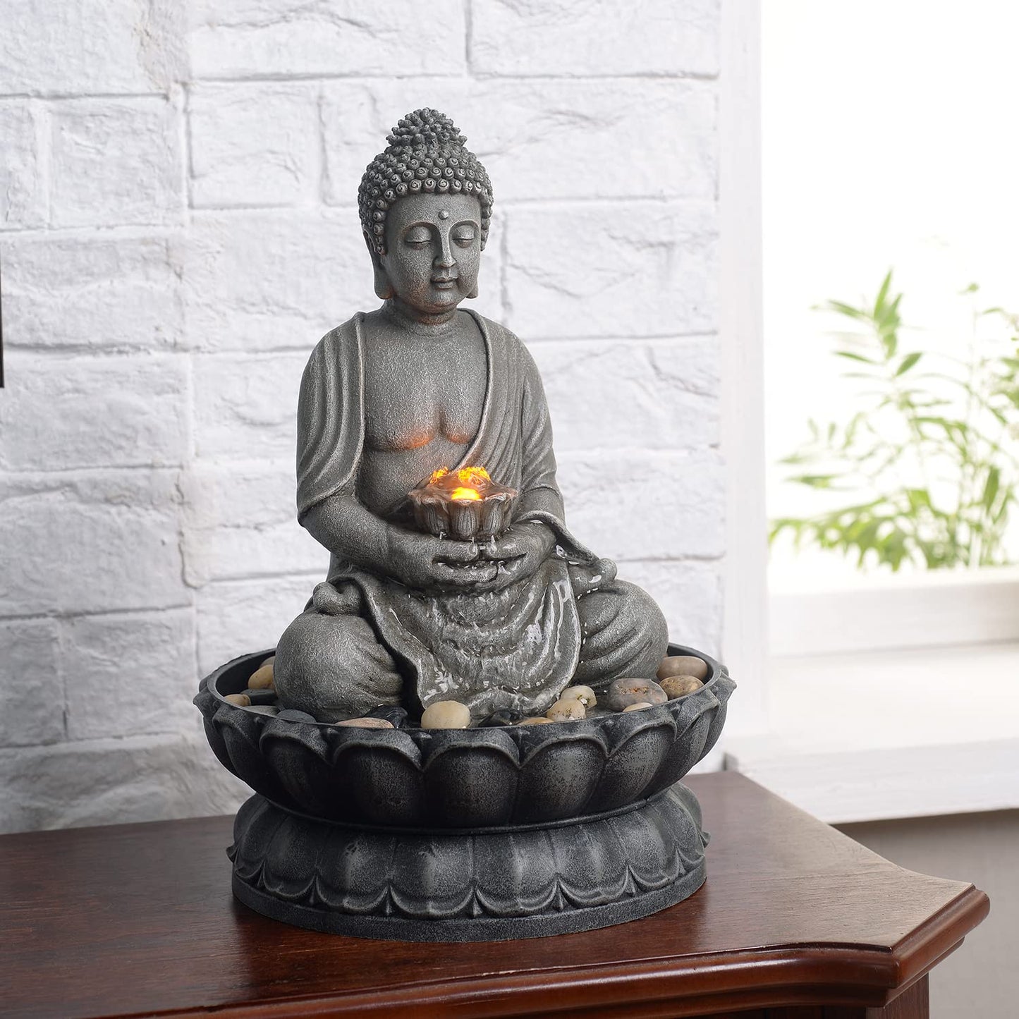 GOSSI 11.2 Inch Tall Indoor Tabletop Buddha Fountain with Reflective Lighting and Cobblestone Base, Zen Desk Water Fountain for Office and Home Decor