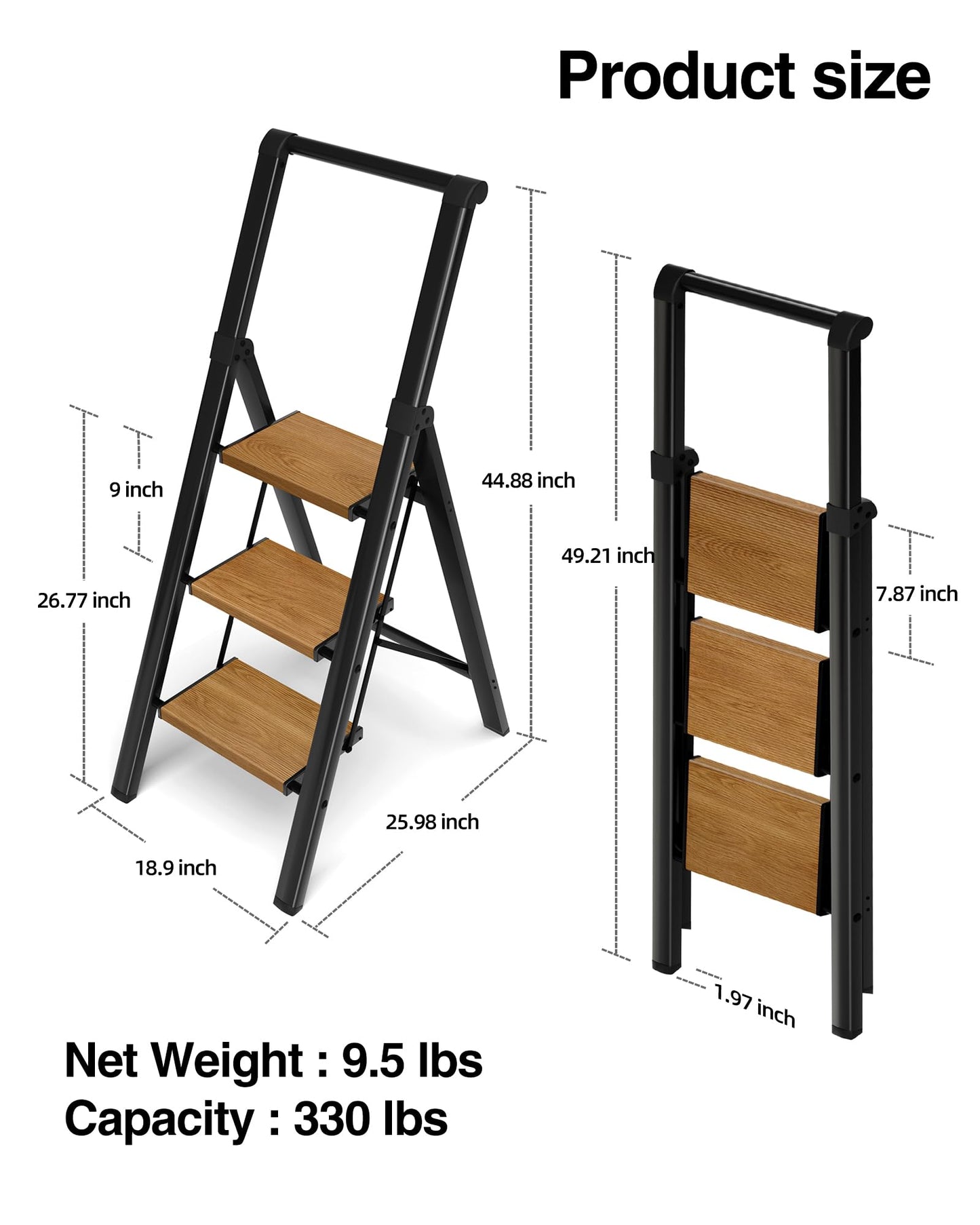 BEFITMACE 3 Step Ladder,Folding Step Stool with Aluminum Wide Pedal& Convenient Handgrip,330lbs Capacity Steel Ladder for Household and Office(Black &Woodgrain)